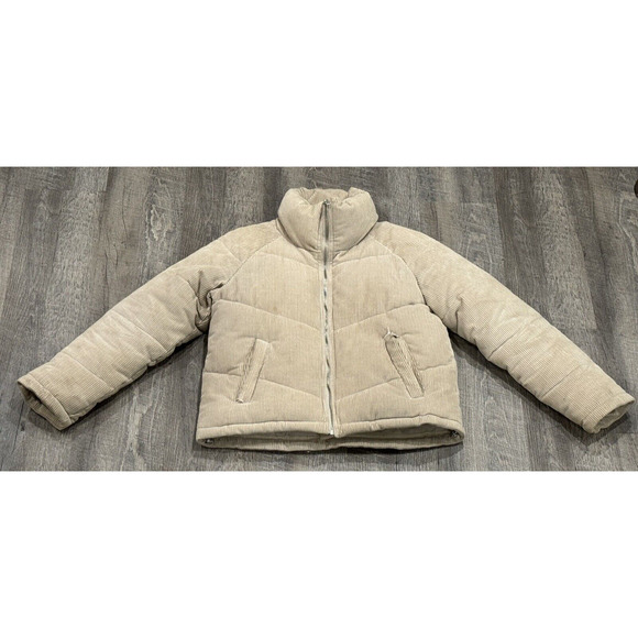 Sebby Corduroy Stone Cream/Tan Puffer Coat jacket Sz Small SEE PICS FOR DEFECTS - Picture 1 of 16